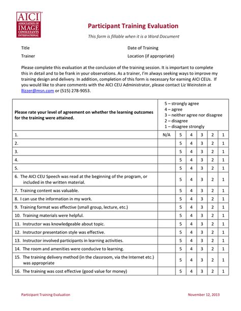 training evaluation report template word